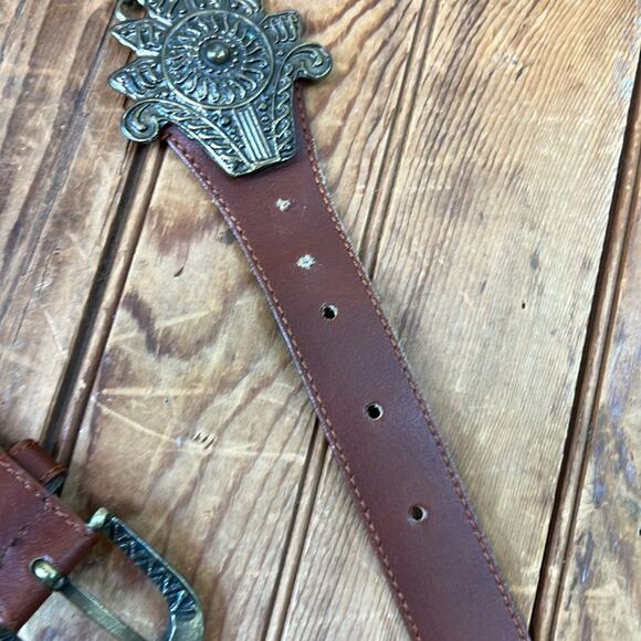 Vintage Italian Studio New York Brown Boho Leather Belt Metal Accents - Picture 3 of 4